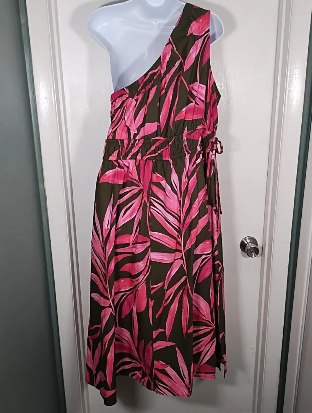 Time and Tru Women's XL One Shoulder Cotton Midi Dress Pink Olive/Gray Pockets